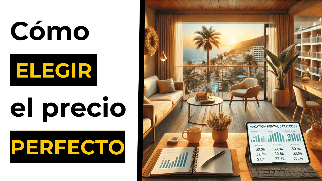 Escritorio con ordenador mostrando estrategia de precios. Al fondo, la playa y una puesta de sol recordando el alquiler vacacional.