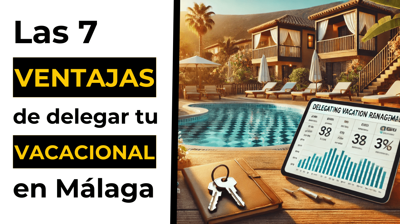 Vista de una villa mediterránea con piscina y tablet mostrando estadísticas de reservas, destacando la gestión profesional de alquileres vacacionales en Málaga.