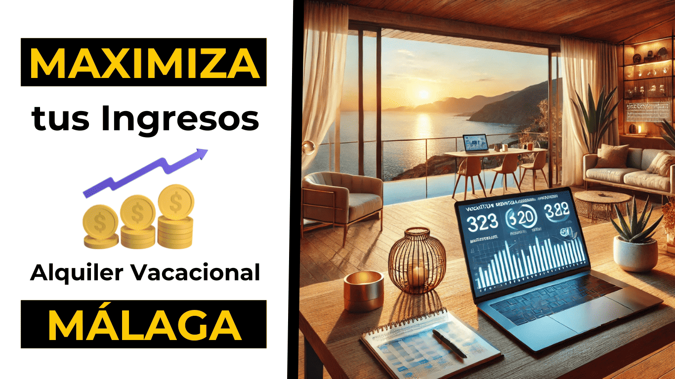 Vista de un apartamento costero en Málaga con balcón al atardecer, un portátil mostrando estadísticas y un calendario sobre una mesa, decorado con plantas tropicales.