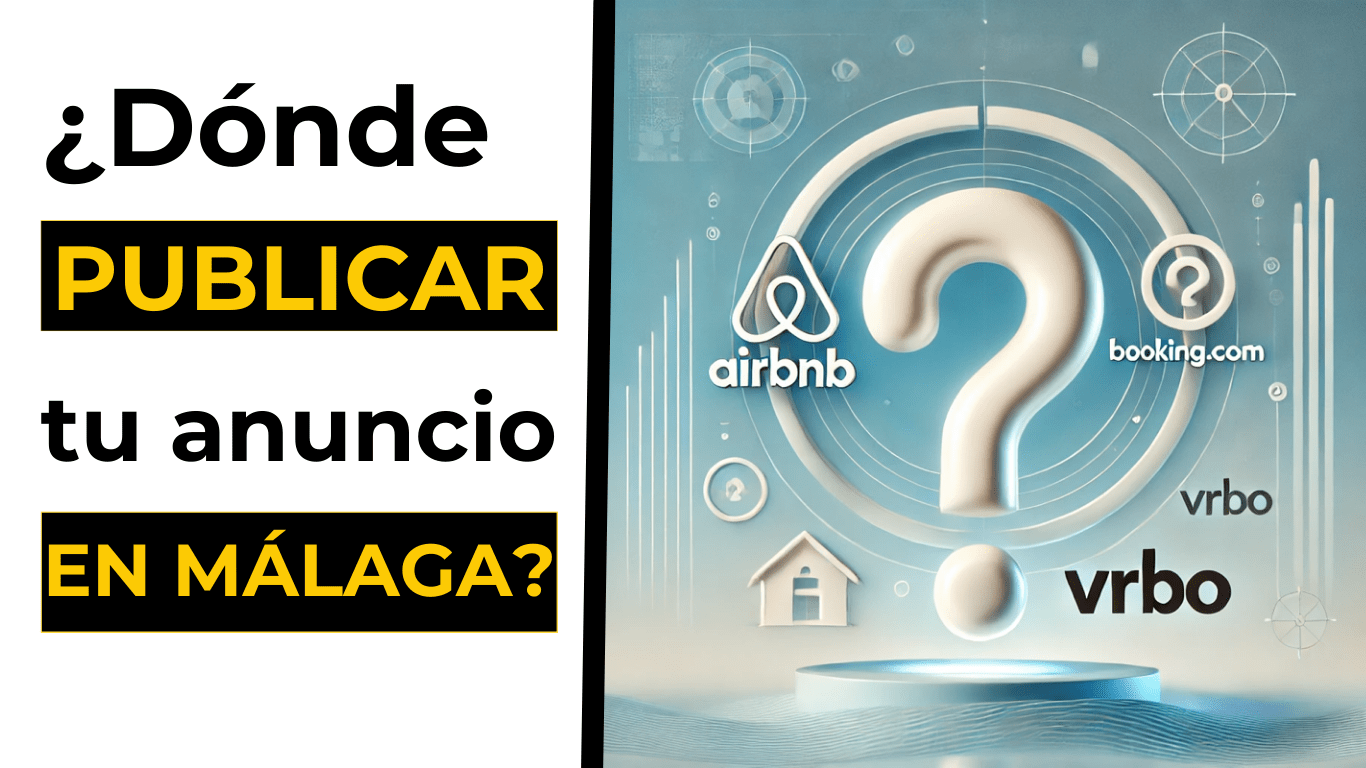 Imagen con un diseño moderno que muestra los logotipos de Airbnb, Booking.com y Vrbo en un formato equilibrado. En el centro, un gran signo de interrogación simboliza la duda y el proceso de decisión sobre cuál plataforma es la mejor para anunciar un alquiler vacacional. El fondo tiene un degradado de tonos azules y blancos, evocando tranquilidad y confianza, con sutiles elementos gráficos relacionados con viajes, como olas y mapas.